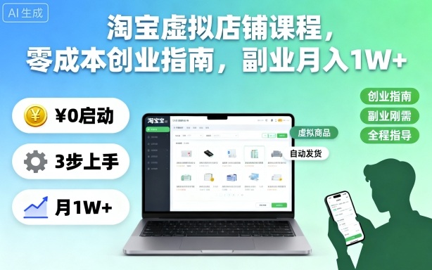 淘宝虚拟店铺课程，零成本创业指南，副业月入1W+-大表哥网创
