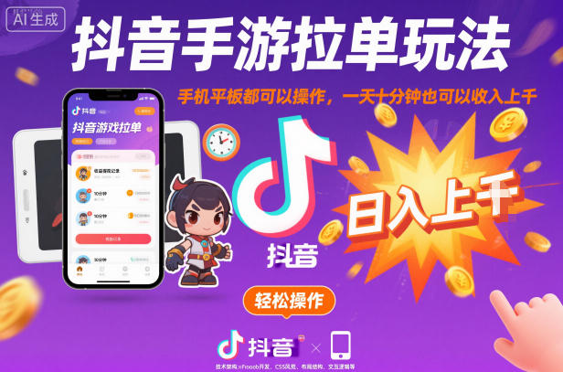 抖音手游拉单玩法，手机平板都可以操作，一天十分钟也可以收入上K【揭秘】-大表哥网创