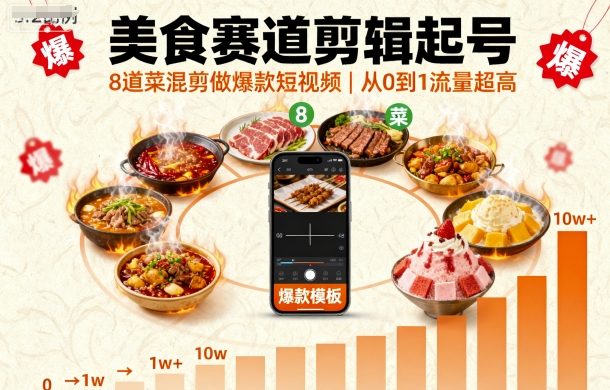 美食赛道剪辑起号，8道菜混剪做爆款短视频，从0到1，流量超高-大表哥网创