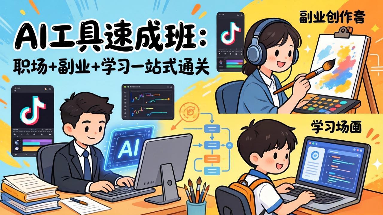 AI工具速成班:职场+副业+学习一站式通关,20+爆款类型+剪映技巧+抖音算法,0基础快速上手-大表哥网创
