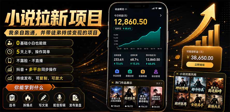 抖音及多平台小说拉新项目：我亲自跑通并持续带徒弟实操｜0基础小白5天上手快速变现-大表哥网创