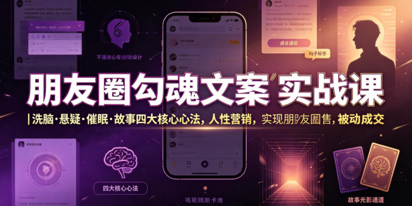 朋友圈勾魂文案实战课｜洗脑·悬疑·催眠·故事四大核心心法，吃透人性营销，实现朋友圈不销而售被动成交-大表哥网创