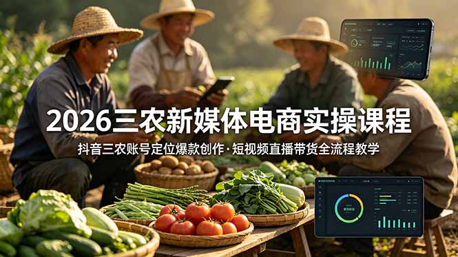 2026三农新媒体电商实操课程：抖音三农账号定位爆款创作，短视频直播带货全流程教学-大表哥网创