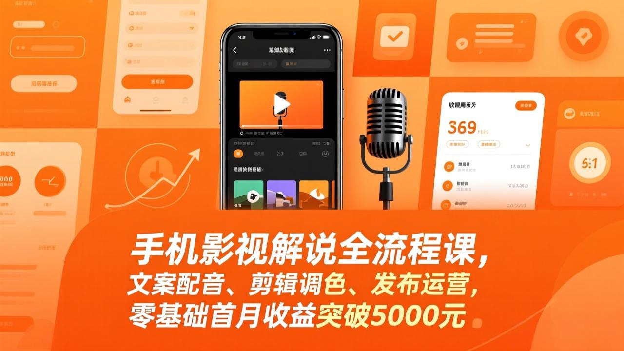 手机影视解说全流程课，文案配音、剪辑调色、发布运营，零基础首月收益突破5000元-大表哥网创