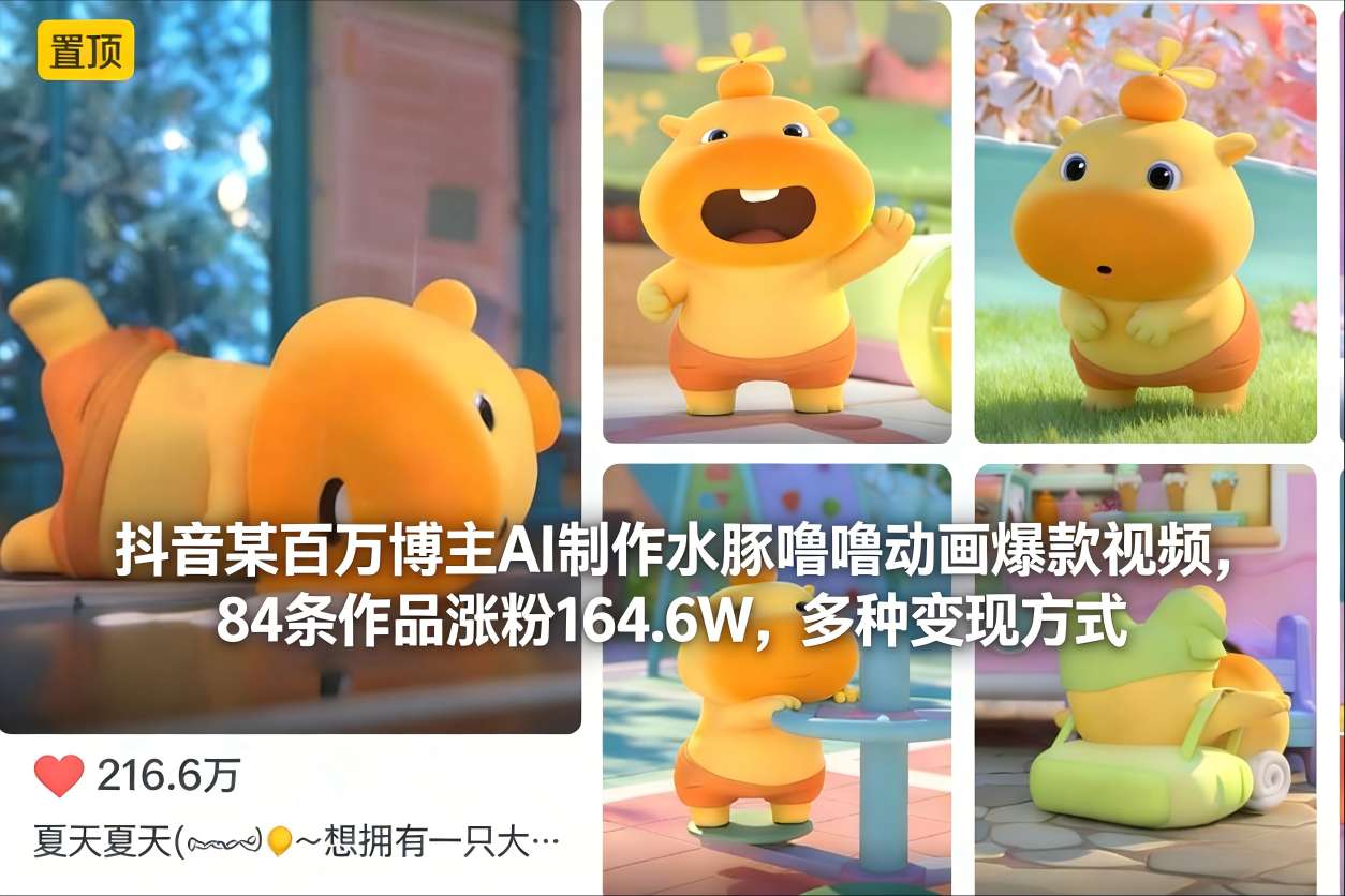 抖音某百万博主AI制作水豚噜噜动画爆款视频，84条作品涨粉164.6W，多种变现方式-大表哥网创