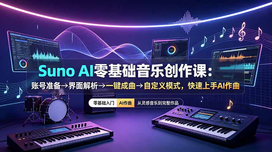 Suno AI零基础音乐创作课:账号准备→界面解析→一键成曲→自定义模式,快速上手AI作曲-大表哥网创