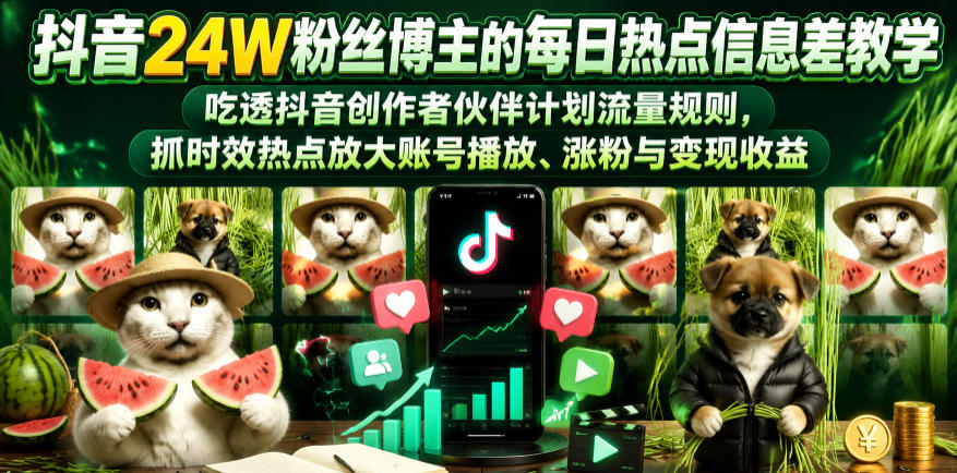 抖音24W粉丝博主的每日热点信息差教学,吃透创作者伙伴计划流量规则,抓时效热点放大账号播放、涨粉与变现收益-大表哥网创