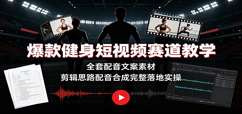 爆款健身短视频赛道教学：全套配音文案素材，剪辑思路配音合成完整落地实操-大表哥网创